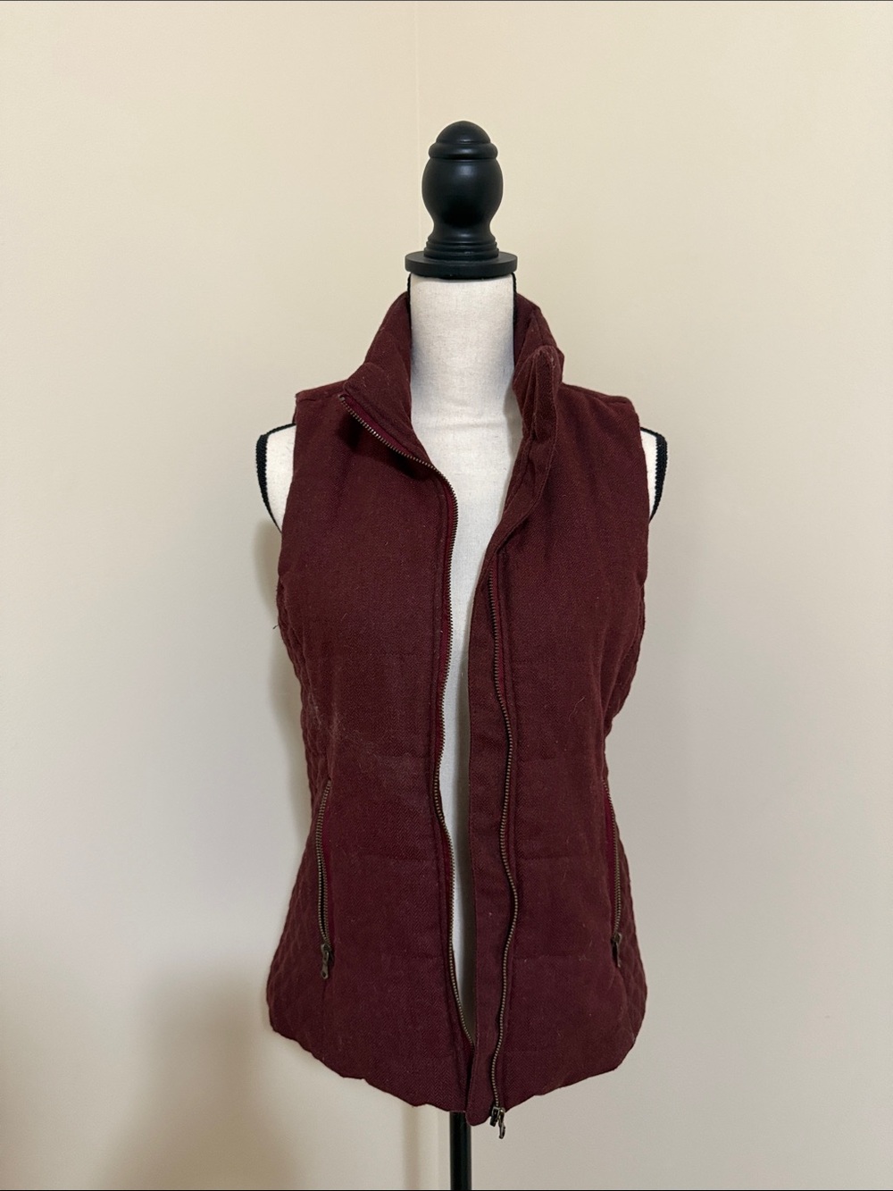 Quilted Women's Vest in Deep Burgundy - Zip Front